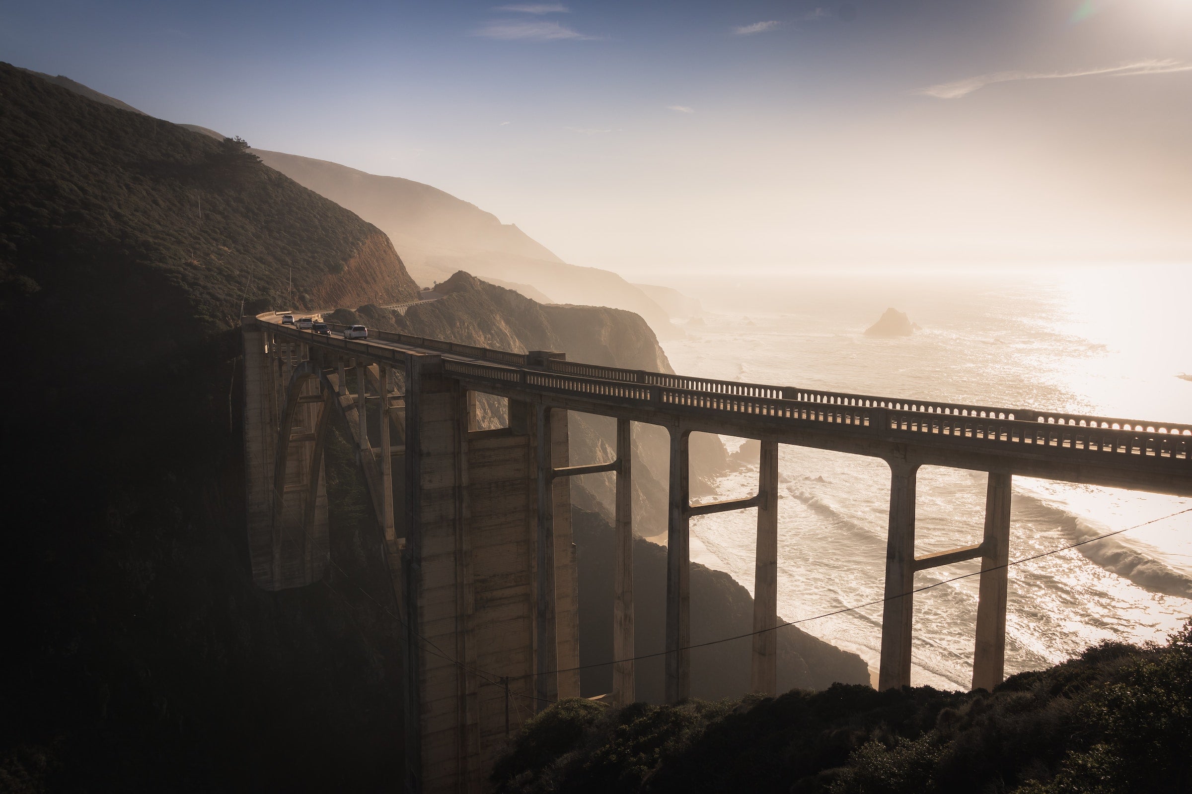 Bixby Bridge on California State Route 1 at sunset. 